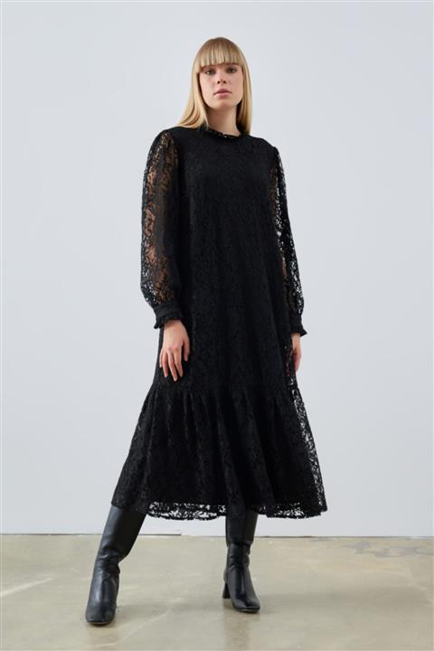 Gusto Dantel Uzun Elbise - Siyah
