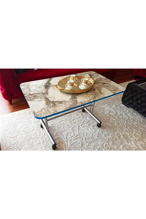 HOMEBELLA Tekerlekli Masa Orta Sehpa 70x110 Cm Efes Mermer Desen Metal Ayaklı Tse Ve E1 Malzeme
