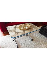 HOMEBELLA Tekerlekli Masa Orta Sehpa 70x110 Cm Efes Mermer Desen Metal Ayaklı Tse Ve E1 Malzeme