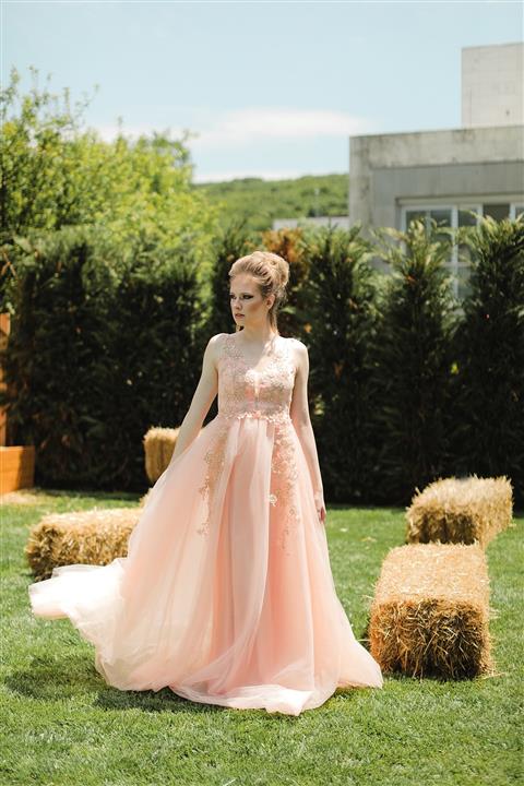 minel aşk Kadın Somon Dantelli Prenses Elbise