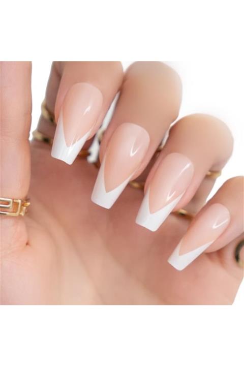 EDA LUXURY BEAUTY Pembe Beyaz V French Takma Tırnak Lüks Parlak Doğal Extra Uzun Kare Coffin Ballerina Nail Art Set