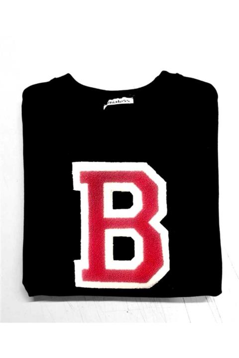 initialess Oversize Unisex Kırmızı B Harfli Siyah Sweatshirt