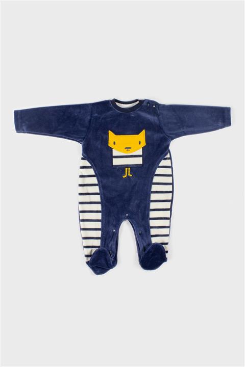 WOYKİDS Unisex Bebek Tilki Işlemeli Çizgili Kadife Tulum Bbtf-7016209