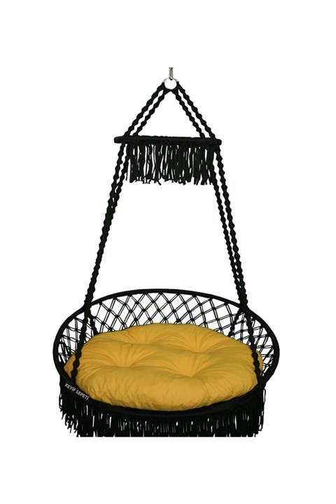 KEYİF SEPETİ Püsküllü Relaks Lüks Salıncak Siyah ( Sarı Minderli )