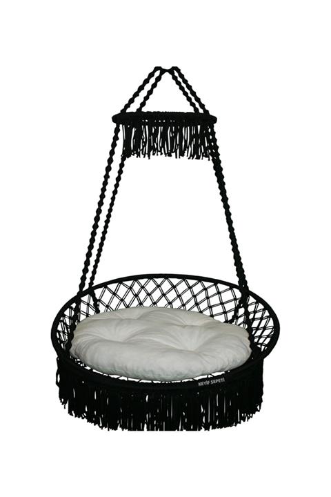 KEYİF SEPETİ Püsküllü Relaks Lüks Salıncak Siyah ( Beyaz Minderli )
