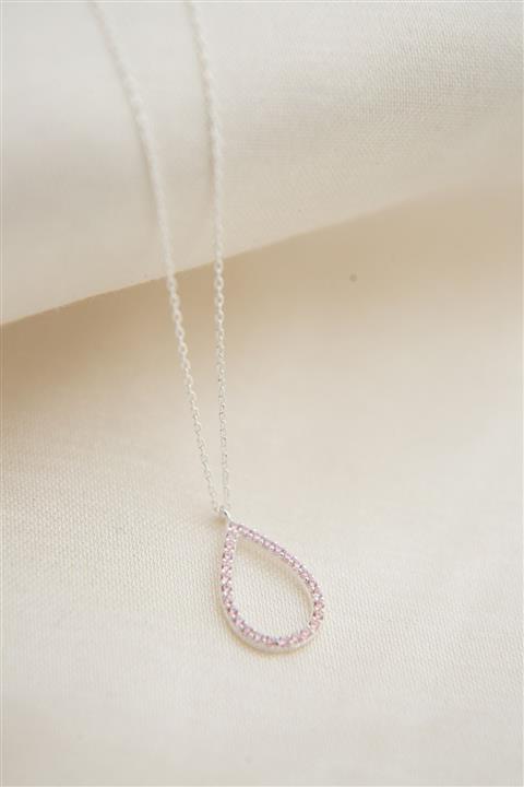 Elika Silver Kadın Pembe Taş Detaylı Su Damlası Model 925 Ayar Gümüş Kolye