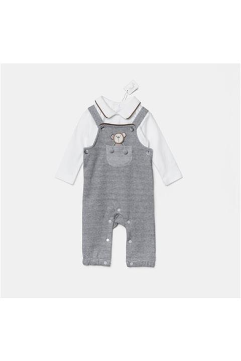 FİORELLA BİGOBABY Erkek Bebek Maymun Detaylı Bebe Yaka Beyaz Bluz Gri Salopet 2910