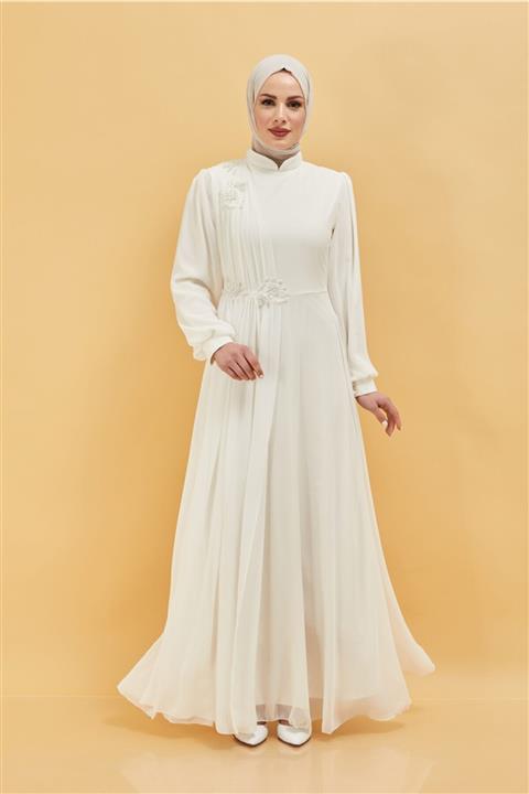 Moda Echer Kadın Ekru Tesettür Abiye Şifon İnci Görselli Tül Detaylı Elbise 7601