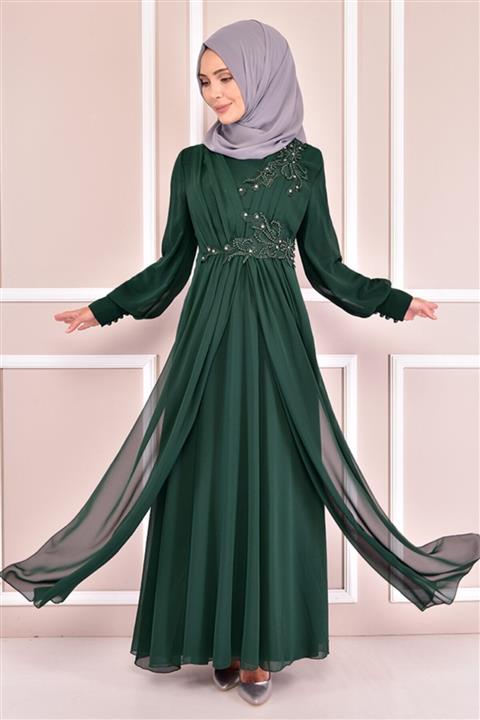 ModaMerve Inci Detay Abiye Zümrüt Kbr10009