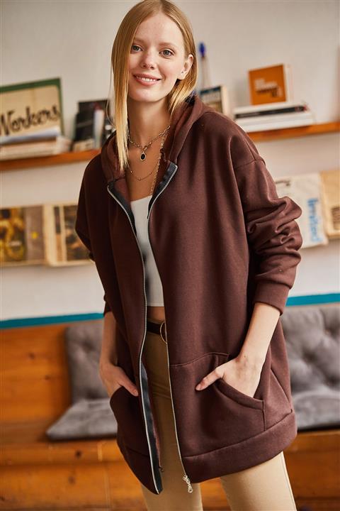 Olalook Kadın Acı Kahve İçi Polarlı Fermuarlı Oversize Kalın Sweatshirt SWT-19000451