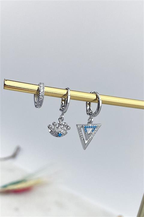 Çlk Accessories Özel Seri 3 Lü Kombin Küpe Taşlı Üçgen Figür Trküpe3816 B34003