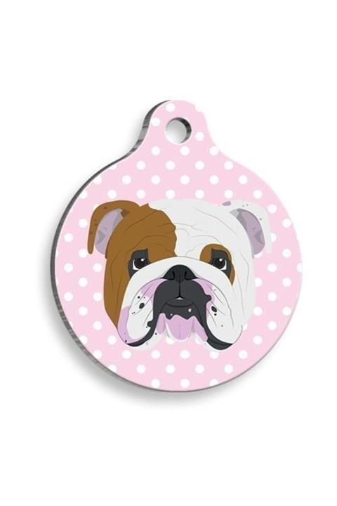 altın pati Pembe Puantiyeli English Bulldog Yuvarlak Köpek Künyesi