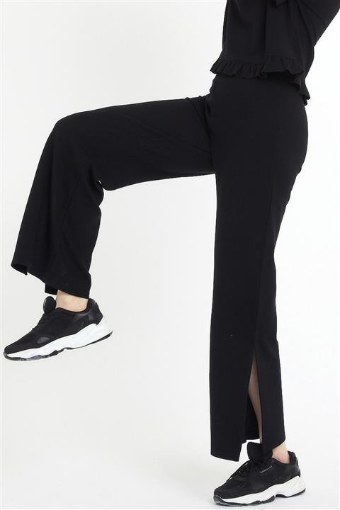 Roop Fabric Kadın Siyah Örgü Desenli Yırtmaçlı Pantolon