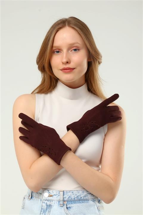 Luisido Kadın Kahverengi Kelebek Desenli Dokunmatik Parmak Içi Polarlı Eldiven