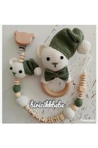 biricikkbebe Amigurumi Çıngırak Organik Oyuncak Ahşap Diş Kaşıyıcısı Ve Emzik Zinciri Bir Arada Set 3