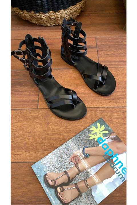 DaphneSandals El Yapımı Hakiki Deri Siyah Gladyatör Bodrum Sandaleti - 4050