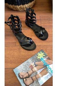 DaphneSandals El Yapımı Hakiki Deri Siyah Gladyatör Bodrum Sandaleti - 4050