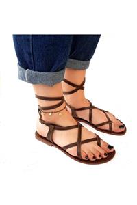 UNİCUS LEATHER El Yapımı Hakiki Deri Kahverengi Bodrum Gladyatör Kadın Sandalet Gerçek Deri Terlik