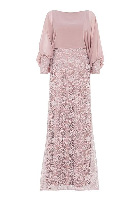 Abiye Sarayı Pudra Kol Detaylı Dantel Tesettür Abiye