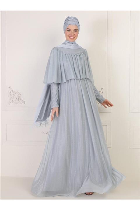 Mwedding Volan Detaylı Simli Abiye Elbise - Gri -
