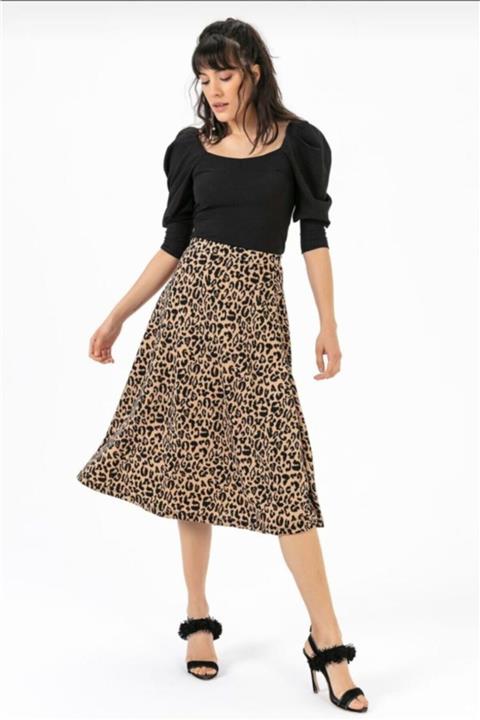 Tegoe Kadın Kahverengi Leopar Desenli Etek