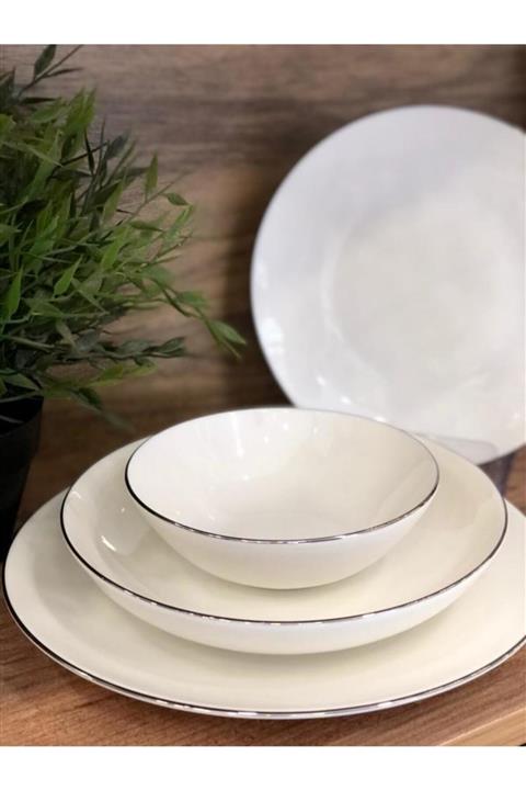 ROY KING Beyaz Gümüş Renk Kenar Detaylı Yemek Takımı 6 Kişilik 24 Parça