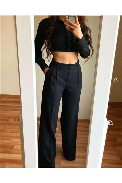 KAD Moda Kadın Pileli Siyah Palazzo Pantolon