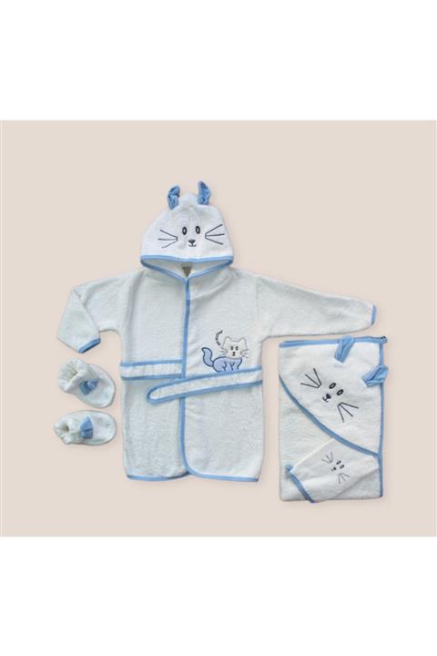 Tomuycuk Mavi Kedi Bornoz Takım
