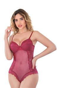 Emay Kadın Bordo Motifli Kaplı Transparan Dantel Bodysuit