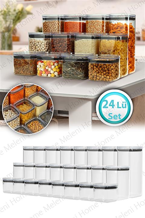Meleni Home 24'lü Vakum Kapaklı Erzak Saklama Kabı Seti 8x(700 Ml, 1400 Ml, 2100 Ml)