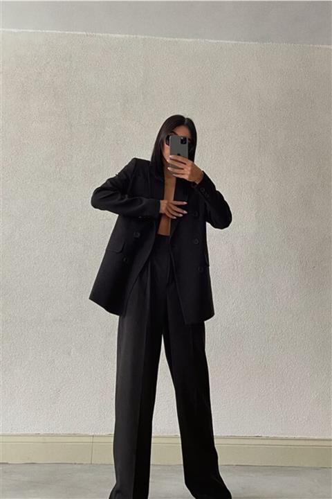 Eka Yüksek Bel Palazzo Kumaş Siyah Pantolon