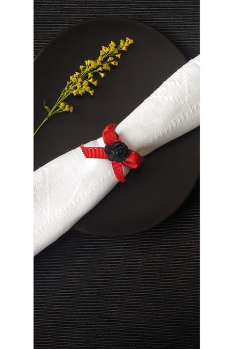 Opia Design Products Siyah Çiçekli Kırmızı Peçetelik - El Yapımı Peçete Halkası 6lı