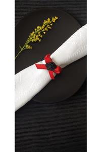 Opia Design Products Siyah Çiçekli Kırmızı Peçetelik - El Yapımı Peçete Halkası 6lı
