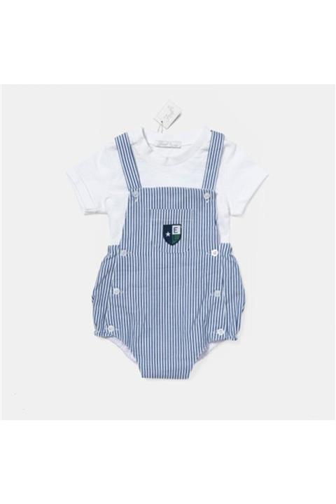 FİORELLA BİGOBABY Erkek Bebek Önü Düğmeli Ve Cepli 2 Parça Mavi Beyaz Yazlık Salopet