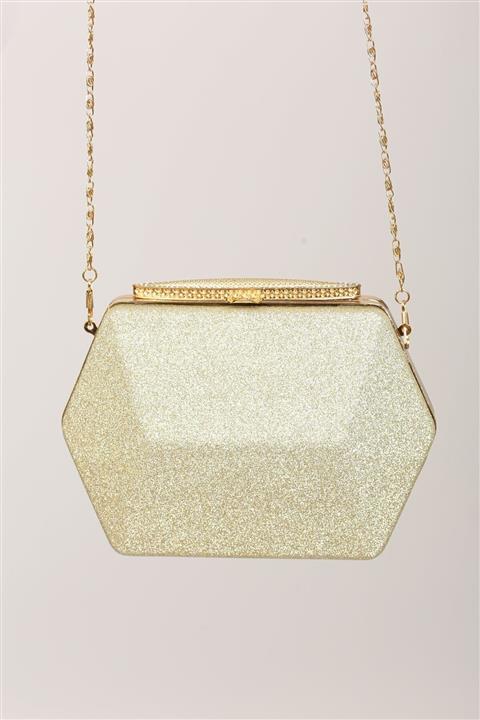 KUBRABOUTİQUE Altıgen Kasa Altın Simli Abiye Çanta