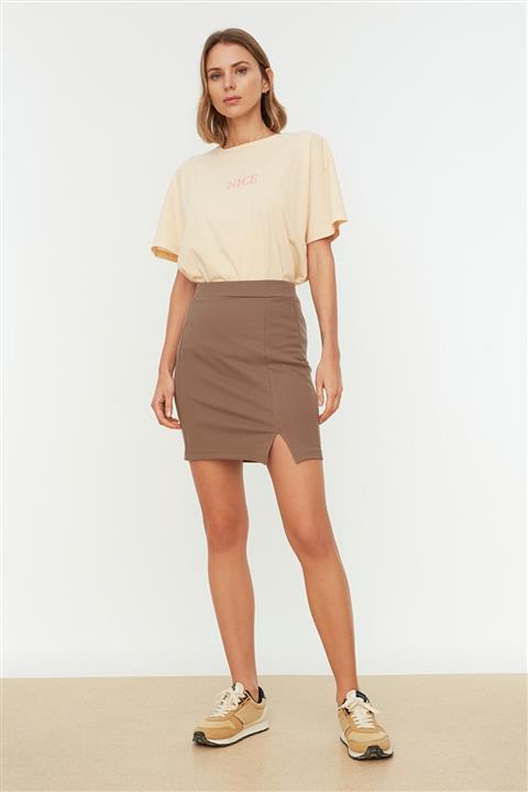 TRENDYOLMİLLA Camel Yırtmaçlı Mini Örme Etek TWOAW21ET0660