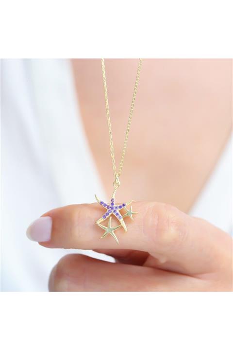 Mia Vento Ametist Taşlı Zarif Deniz Yıldızı Gold Renk Gümüş Kolye