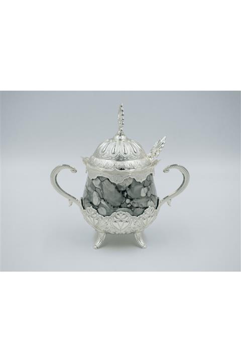 Carlito Gri Mermer Desenli Dışı Gümüş Renk Kaplama Döküm Şekerlik