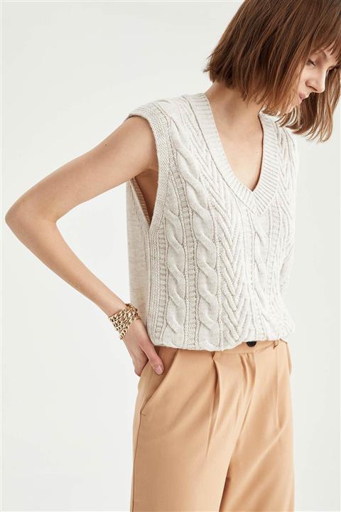 DeFacto Kadın Ekru Örgü Desenli Triko Süveter