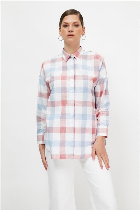 Trendyol Modest Mavi Gömlek Yaka Ekoseli Tesettür Tunik TCTSS21UK0021