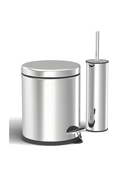 morponi Paslanmaz 5 Lt Çöp Kovası - Klozet Fırçası 2'li Banyo Seti( Parlak ) 5lt