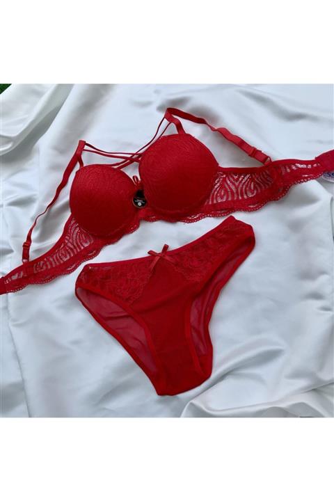 azize butik Sevgililer Günü Özel Kırmızı Çapraz Detaylı Destekli Alt Transparan Sütyen Takımı
