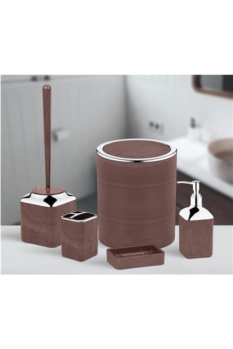 evvehediyelikesya 5'li Akrilik Kahverengi Banyo Seti