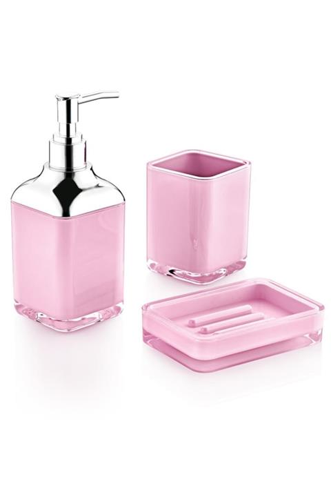 Free Home Banyo Seti 3lü Kare Sıvı Sabunluk Diş Fırçalık Pembe