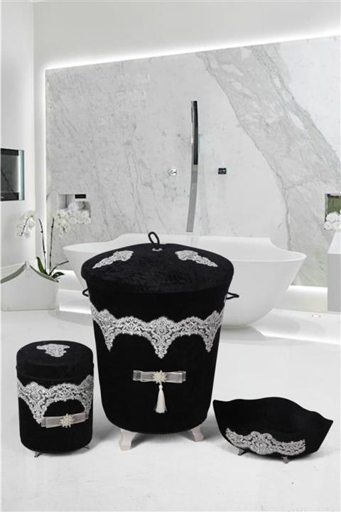 Bonny Home Luxury Siyah Kadife Banyo Seti Güpürlü Kirli Çamaşır Sepeti Takımı 3lü