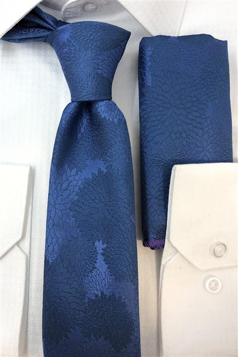 Quesste Accessory Quesste Mavi Desenli Ince Kravat Mendil Set