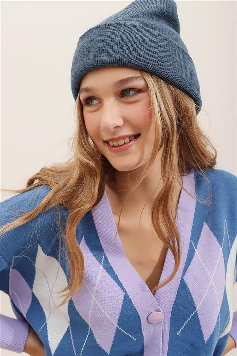 Trend Alaçatı Stili Kadın İndigo Basic Pamuklu Bere ALC-A2409