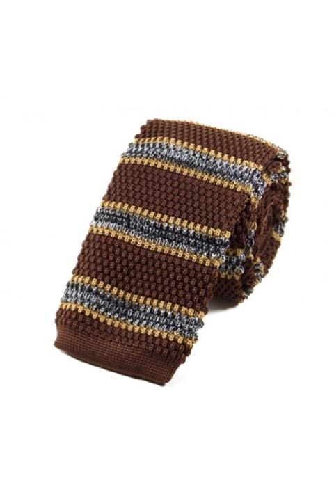 Sade Kravat Kahve Bej Gri Çizgili Örgü Kravat 20779