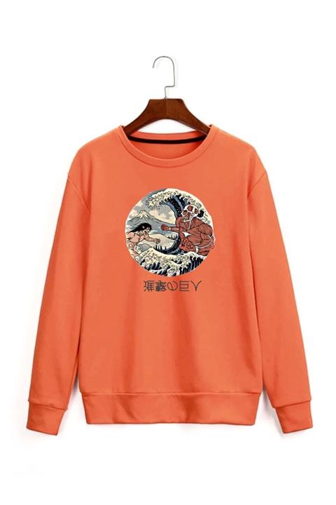 AFROGİYİM Turuncu Oversize Sweatshirt Anime Attack Baskılı