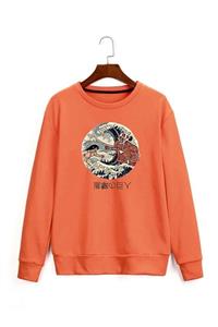 AFROGİYİM Turuncu Oversize Sweatshirt Anime Attack Baskılı